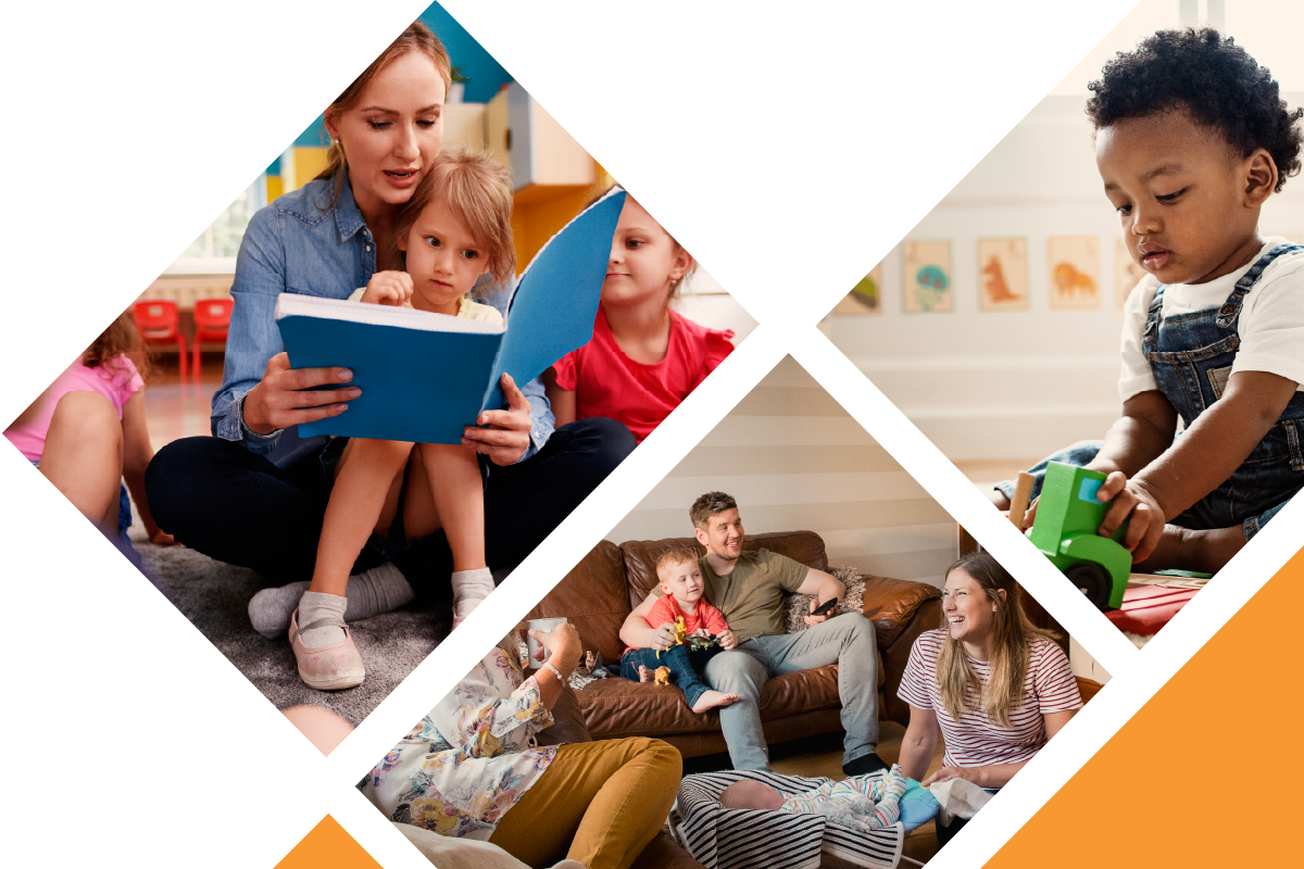 3 images of children reading books, playing with toys and sitting with parents.
